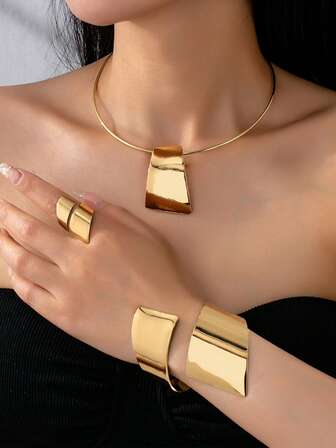 1 set de bijoux minimalistes géométriques comprenant un collier, une bague et un bracelet. Convient pour le port quotidien des femmes et comme cadeau pour les fêtes