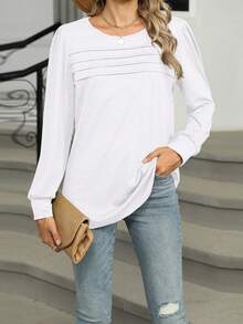 Long Sleeve Shirts For Women Fall Fashion Dressy Casual Blouses Pleated Tunic Tops For Leggings - 白色 - 查看 4