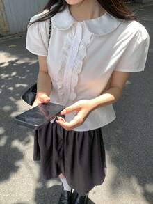 韩版复古黑色碎花褶皱泡泡袖半身裙，百搭休闲，适合女性