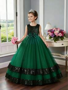 Girls Dress Floral Princess Tulle Dress For Children, Wedding Party Flower Girl Dress, Stage Performance Puff Skirt - Dark Green - View 2