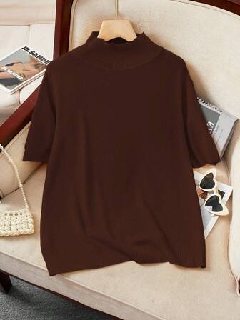  [Tops] BuyK Women's Elegant Turtleneck Short Sleeve Knit Sweater Top, Soft Fabric, Classic & Versatile, Suitable For Multiple Occasions