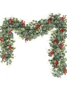 1pc, 70in/5.9ft Red Eucalyptus Wreath, Silver Dollar Eucalyptus Leaves & Baby's Breath Artificial Greenery Garland, Suitable For Christmas, Christmas Decor, Decorations, Centerpieces, Baby Showers, Wall Decor, Room Decor, Weddings, Event Decor, Home Decor Christmas Decorations