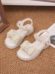 1 Đôi giày công chúa hở mũi đế bằng đính đá bướm thời trang mới cho bé gái, đế mềm chống trượt, thích hợp để khiêu vũ, mùa hè - Màu be - Xem 2