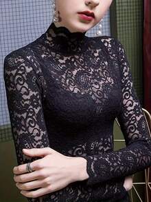 Women's Lace Turtleneck Undershirt, Fitted Stylish Sexy Mesh T-Shirt Top, Spring/Autumn - Black - View 2