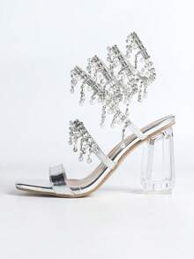 Women's Chunky Crystal Heel Sandals, Square Toe Fashion Open Toe Snake Wrap Rhinestone Strap, Simple Elegant Basic Party Wear, Summer/Autumn - Silver - View 6