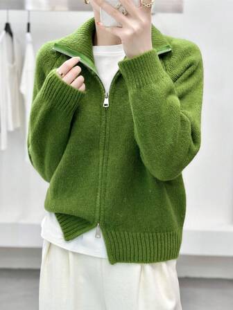 New Autumn/Winter Double Zipper Knitted Cardigan For Women, Minimalist Korean Loose Style Oversized Sweater Top