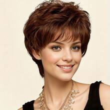 Elegant Brazilian Human Hair Wig For Women, Glueless Brown Short Pixie Cut With Bangs, Rose Net Cap (4# Brown), Layered Straight Hairpiece, Machine-Made Style For Daily Use, Versatile Hairpiece, Premium Quality For Party Wig, Carnival/Christmas/Thanksgiving Day/Happy New Year Gift, Korean Wave, K-Pop Style - S4 - View 2
