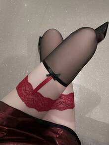 1 双超薄蕾丝蝴蝶吊带过膝袜，性感内衣配件，宽蕾丝花边，诱人可爱性感大腿袜 - 黑色 - 查看 8