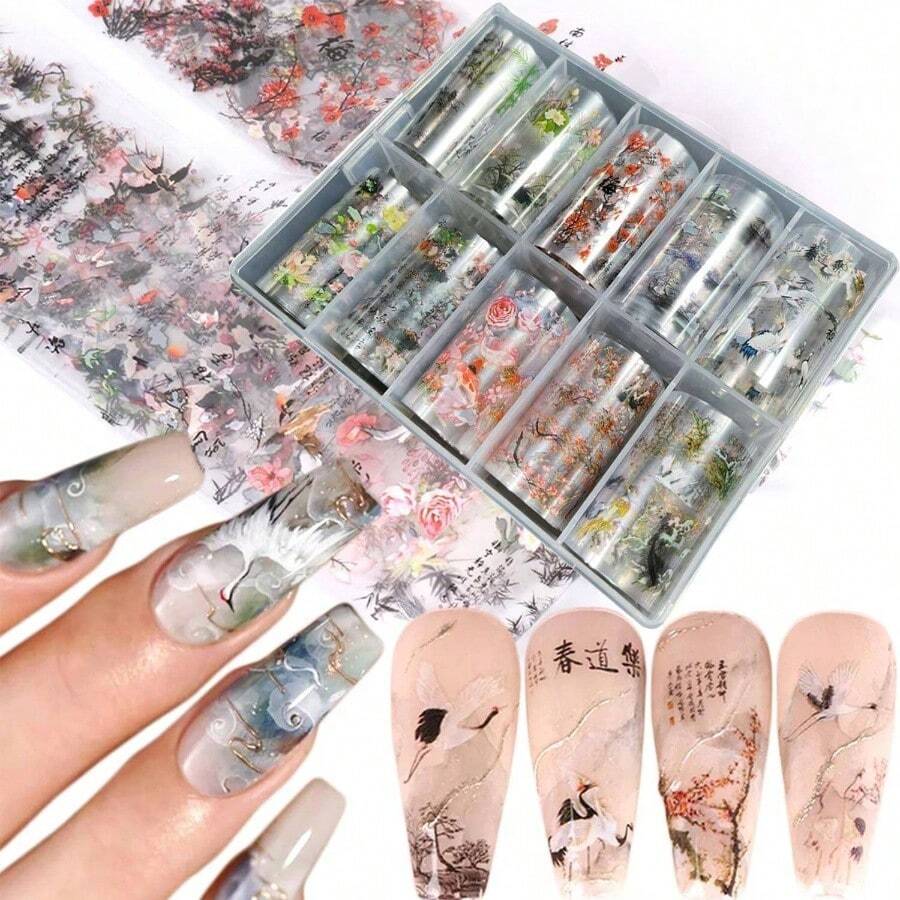 10 Rolls Flower Nail Foil Transfer Sticker Kit Ink Painting Pattern Nail Foil Sheets Foil Nail Art Decals Spring Nail Foil Transfer Stickers Foil Nail Wraps Foil Nail Art - Yếu tố cổ điển-03 - Xem 1