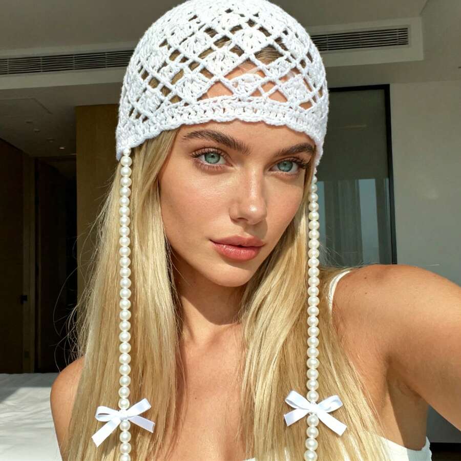 Crochet Beanie For Women Fashion Knit Hat Soft Stretchy Skull Cap With Pearl Bows For Outdoor Activities - trắng - Xem 1