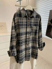 女士磨毛格纹纽扣前袋休闲衬衫（春季款） - 彩色 - 查看 2