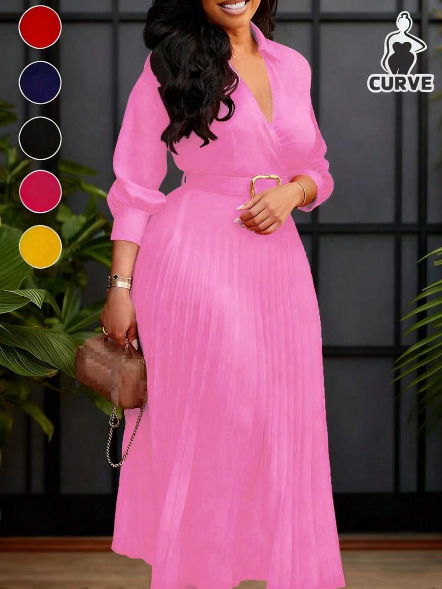 Váy xếp ly màu trơn thắt eo thanh lịch cỡ lớn kèm thắt lưng, váy maxi phong cách cổ điển, phù hợp cho mùa xuân/hè, mùa thu, dạ hội, đám cưới, sinh nhật, trang phục giáo viên - Hồng - Xem 1