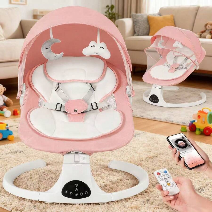 Electric Baby Swing,Baby Bouncer, Baby Swing With Bluetooth Music, 5-Speed Auto Sway & Removable Canopy For Infant Nap,Seat With 3 Adjustment Modes, 10 Soothing Lullabies, Dual Power Option Remote Control,Baby Needs,Baby Bouncer,Newborn Gift - 粉色 - 查看 1