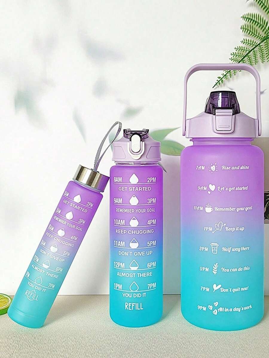 1个2升/750毫升/280毫升大容量粉色渐变PC水瓶，运动健身便携吸管杯，适合居家、旅行和户外使用 - 彩紫 - 查看 1