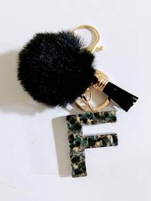26 piezas Lindo llavero con bola esponjosa y letra, Colgante de bolso con letra inicial de epoxy negro, Adecuado como obsequio para fiestas, madres, padres, graduación y maestros - Negro - Ver 10