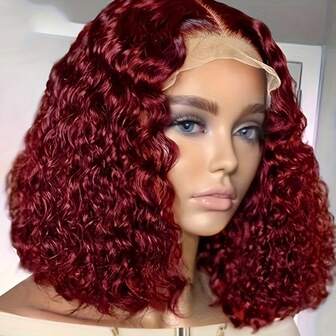 Brazilian Virgin Human Hair Wig Short 99J Burgundy Deep Wave Bob 4x4 13x4 Transparent Lace Front Pre-Plucked Baby Hair Glueless Design, Wet & Wavy Look 180% Density For Beginners Christmas Gifts Stocking Stuffers For Women