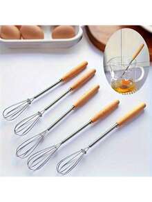 3pcs Wooden Handle Whisk Set, Mini Stainless Steel Milk Frother, For Mixing, Blending, Whipping Or Stirring In Kitchen - Multicolor - View 5