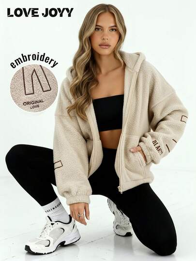 LOVE JOYY Women's Fleece Hoodie, Loose Zip-Up Sweatshirt, Suitable For Autumn/Winter, Casual & Versatile, Fashionable, Ideal Choice For Back To School Season