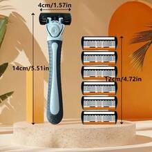 男士手动剃须刀，配备6层不锈钢剃须刀片和可更换刀头 - 彩色 - 查看 6