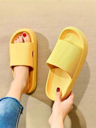 Fashionable Solid Color Rib Couple Slip-On Slippers, Thick Sole, Soft, Comfortable, Lightweight, Breathable, EVA Material, Indoor/Outdoor, Beach, Casual, Retro Style Women Sandals