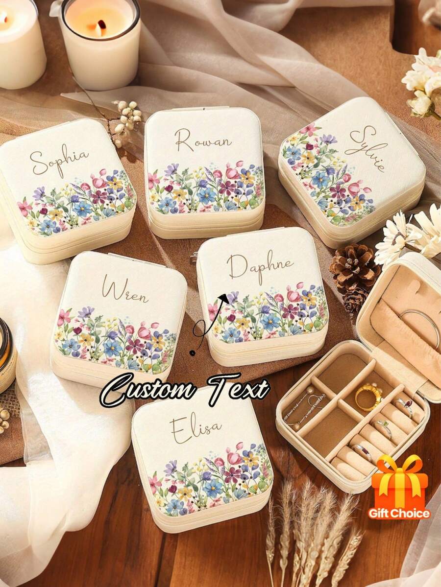 1pc Personalized Wildflower Field Beige Jewelry Box Zipper Closure Customizable Name Bridesmaid Gift Graduation Birthday Gift Wedding Gift Jewelry Organizer Case