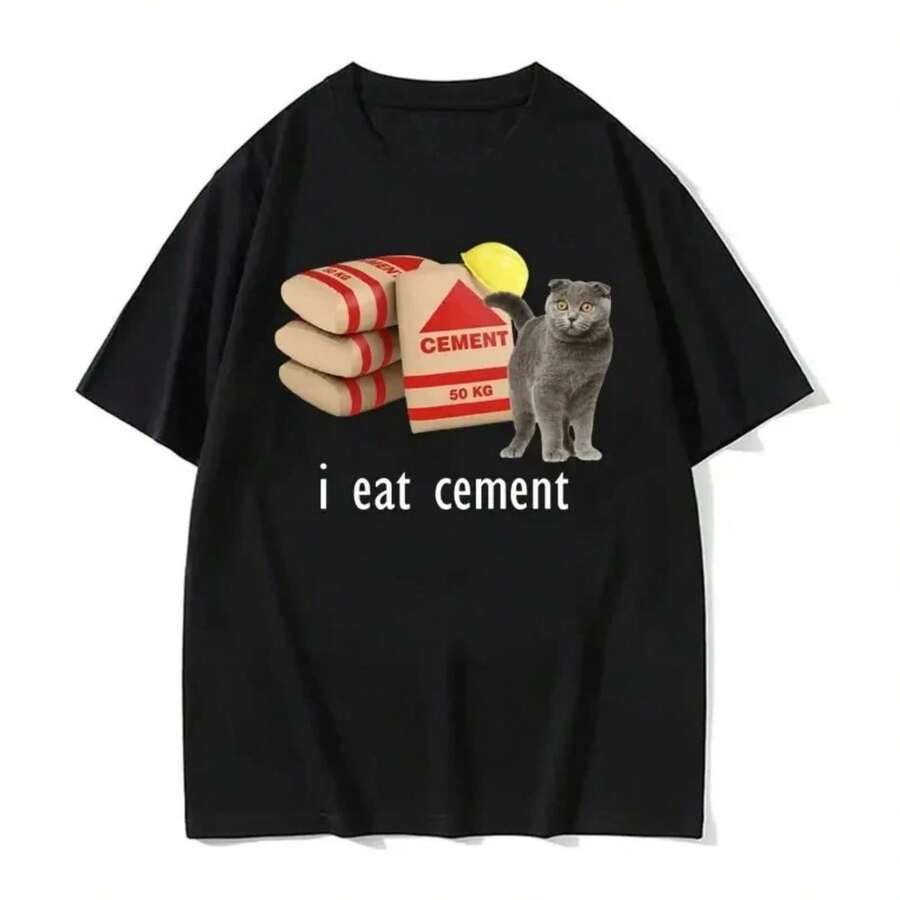 I Eat Cet Cursed Cat Funny Meme T Shirt 's Fashion Humor Short Sleeve T Shirts High Quality Cotton T-shirt Top Tees - Negro - Ver 1