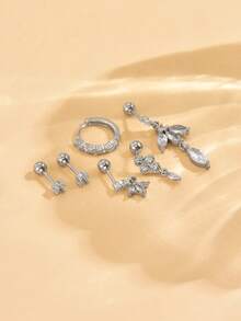 一套6件闪亮锆石耳环，包括耳钉和耳夹，时尚优雅的女士首饰套装，适合派对、节日、约会或婚礼等场合。 - 銀色 - 查看 4