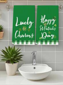 2 Pcs St. Patrick's Day Kitchen Towels Clover Bathroom Towels Watercolor Heart Green Polka Dot Checkered Tea Towels Home Kitchen Holiday Decorations - Green - View 4