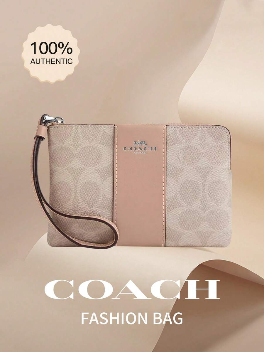 Coach 女士转角拉链腕包，女士腕包手拿包，真皮手机钱包，带腕带手提包，女士钱包