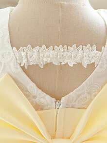 Baby Girls Hooded Sleeve Contrast Lace Mesh Bow Back Cute Birthday Party Dress, Suitable For Flower Girl, Wedding, No Headband Included - Champagne - View 9