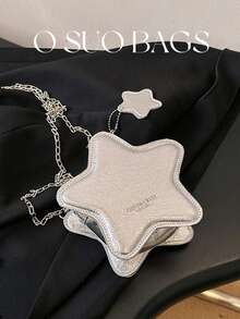 1pc Metallic Mini Star Bag, Glitter Coin Purse With Patch Design, Chic Crossbody Bag With Star Charm