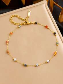 Bộ trang sức thời thượng INS gồm vòng cổ, vòng tay và lắc chân làm từ đá tự nhiên phối màu ngẫu nhiên, chất liệu thép không gỉ mạ vàng 18K, thích hợp làm quà tặng. - vàng - Xem 3