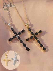 Hihho 1 件黑色不锈钢十字架项链，时尚唇链十字架吊坠首饰 - 十字 - 查看 10