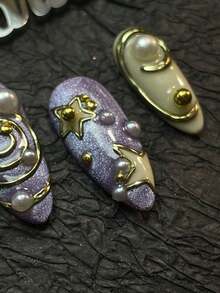 10pcs Almond Shaped Set Nails,Light Purple Cat Eyes&Apricot Tie Dye Style Nails,3D Three-Dimensional Steel Beads&Pearls Nails Accessories Decorations,Hand Painted Metal Geometric Pattern& Star Nails Design,Patterns In Y2K Style Nails Wearable Nail Art Set,Suitable For Women To Wear Daily Parties (Includes:A Piece Of Jelly Glue And A Friction Strip)Nail Supplies Nails - Mauve Purple - View 7