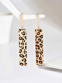 1 Pair Fashionable Long Metallic Leopard Print Geometric Rectangle Pendant Earrings, Versatile Daily Wear Jewelry For Women - Golden Yellow + Leopard Print - View 2
