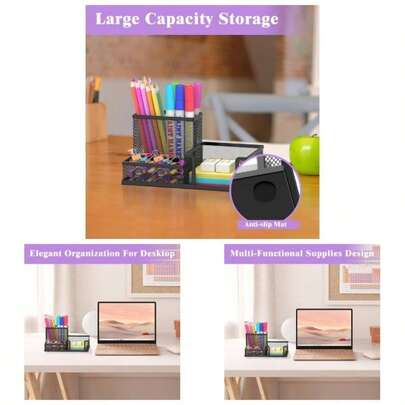 Pen Holder Desk Organizer, Office Supplies Pencil Holder With 3 Compartments, Desk Accessories And Workspace Organizers Home School, Black