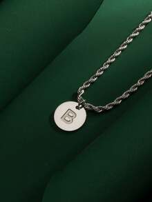 1pc Fashionable Hiphop Stainless Steel Round Disc 26 Letters A-Z Pendant With Stainless Steel Twisted Chain Necklace, Suitable For Men's Daily Wear - Steel-colored Round Letter Necklace - View 32