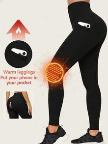 1 条带侧袋的保暖内衬黑色瑜伽紧身裤，秋冬款