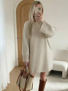 女秋冬韩版优雅宽松毛衣裙灰色圆领长袖简约休闲舒适穿着适合日常外出 - 淺卡其 - 查看 3