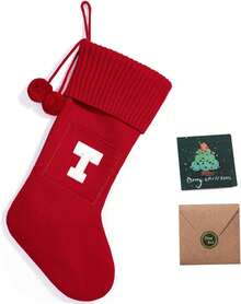Medias navideñas de 42 cm con monograma de 26 letras, tejidas con letra bordada, decoraciones de Navidad para fiestas familiares navideñas (rojo T) - Rayas Verdes - Ver 2