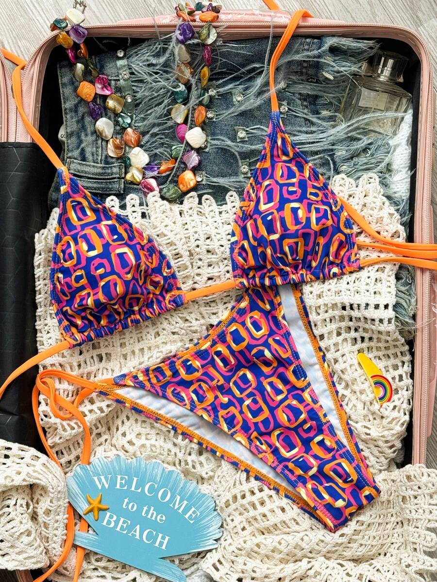 Bộ bikini nữ mới, họa tiết hình học, gợi cảm, chất liệu co giãn vừa phải, kiểu buộc dây, hở lưng, thích hợp cho kỳ nghỉ hè, đi biển. - Nhiều màu - Xem 1