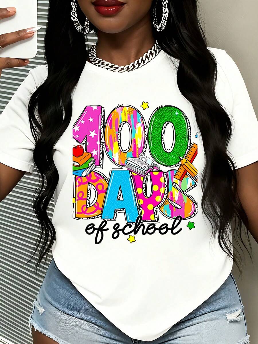 100 Days Of School Celebration T Shirt For Teachers And Students Colorful Fun Design With Books And Stars Educational Theme Gift For Classroom Party Wearable Art For Kids And Adults - 白色 - 查看 1
