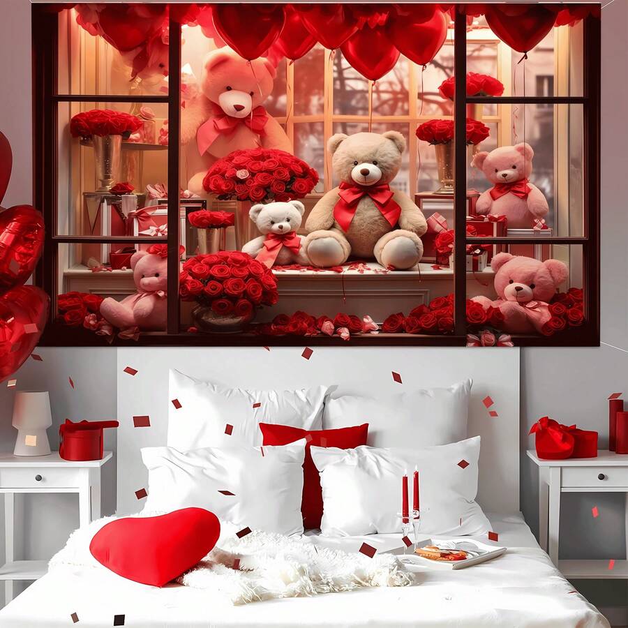 1件装情人节泰迪熊玫瑰窗布背景 - 浪漫爱情主题摄影背景布，泰迪熊搭配玫瑰和心形气球装饰，情人节派对装饰，庆祝活动和家居装饰拍照道具 - 彩色 - 查看 1