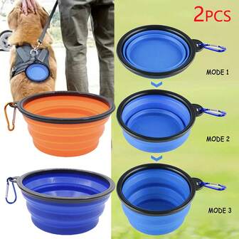 2pcs Foldable Pet Bowls, Suitable For Travel, Camping, Walking, Can Be Used As Dog And Cat Water Bowl, Food Bowl, And Odorless, With Carabiner