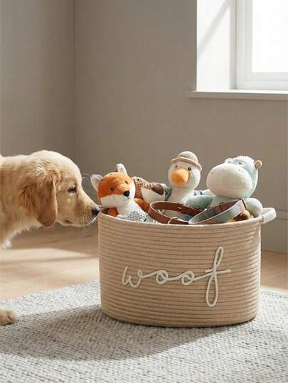1pc Braided Rope Storage Basket With "Woof" Embroidery,Weaving Handle, Stackable Design, Used For Storing Cosmetics, Bathroom Supplies, Children's Toys, Socks, Clothes, Jeans, Pet Toys, Christmas Gifts, Multifunctional Storage, Suitable For Home Decoration, Home Storage, Kitchen Storage, Bathroom Storage