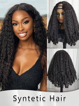 20Inch Black Color Afro Curly V Part Wig With Bouncy Curls Synthetic Kinky Straight Glueless Hair For Women No Leave Out Clip In Half Wig Elastic Mesh Cap Suitable For All People Daily Gatherings, High-Quality Women's Natural And Beautiful Synthetic Soft Fake Fiber Hair Christmas