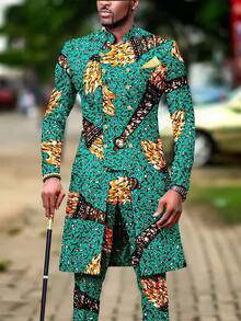 Men's Casual Long-Sleeved Two-Piece Suit, Mid-Length Top And Trousers - 綠色 - 查看 1