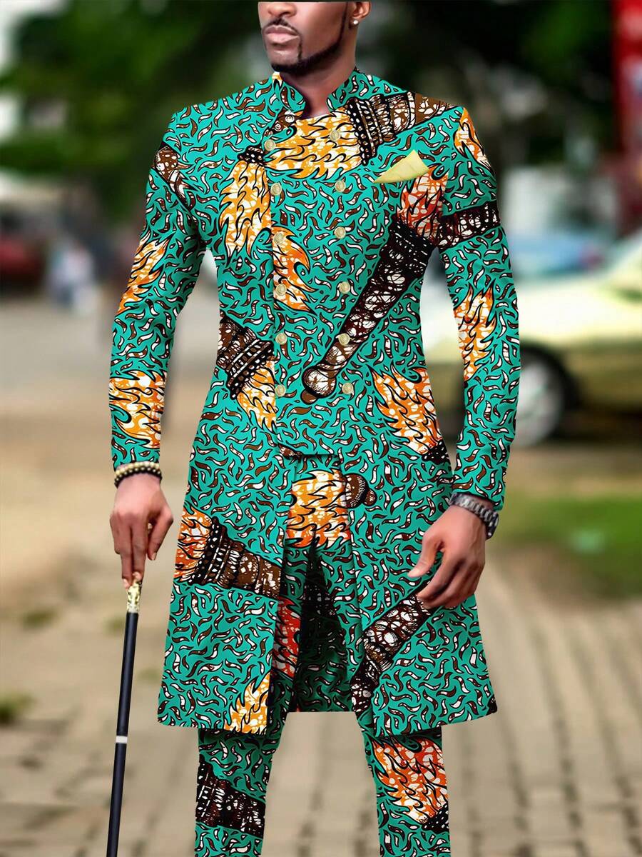 Men's Casual Long-Sleeved Two-Piece Suit, Mid-Length Top And Trousers - 綠色 - 查看 1
