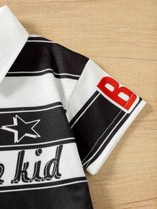 男童休闲条纹字母印花翻领 Polo 衫和短裤两件套，夏季套装 - 黑色 - 查看 4