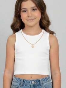 BLUSA REGATA INFANTIL MENINA COM CORRENTINHA CORAÇAO CROPPED DE VERAO MODERNINHA - Branco - Visão 4
